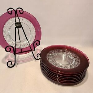 Tiffin Glass Cranberry Kings Crown Thumbprint Dessert Salad Plates Set of 8  Vtg